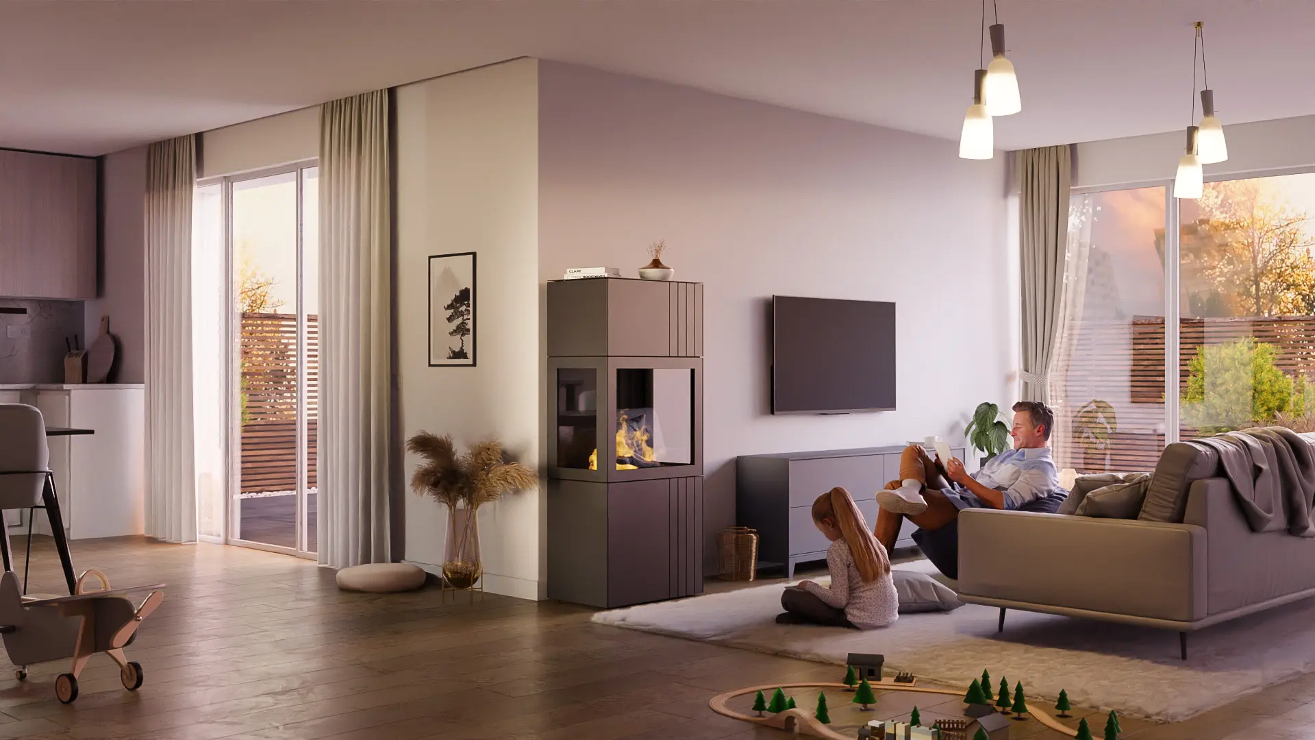 elektrischer Kamin Verrum, Milieubild im Wohnzimmer, schönes Feuernachbildung