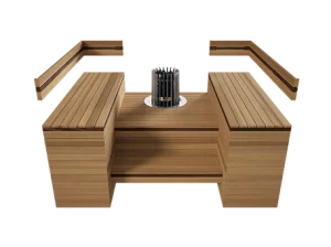 Beispielbild der Liegezonen nach traditionell finnischem Layout, maßgefertigte Sauna für Zuhause, Frontansicht von schräg oben, Finnish Bio oder Infrarot