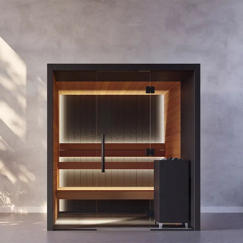 Nach Maß gefertigte Indoorsauna Vulcana, Ansicht von vorne, beleuchtet, Kombination von hellem und dunklem Holz