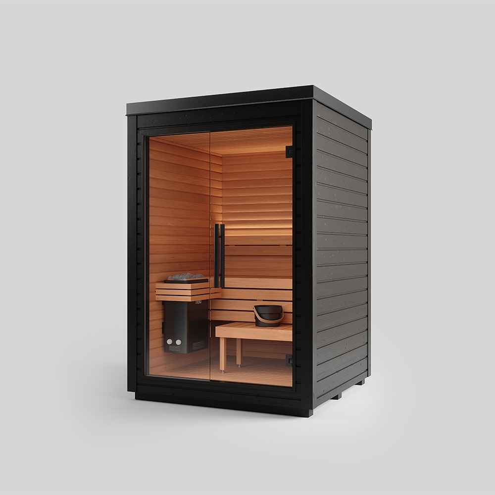 Sauna Mira für Außen, individuelle Ausstattung, Freisteller von vorne, kleine Variante