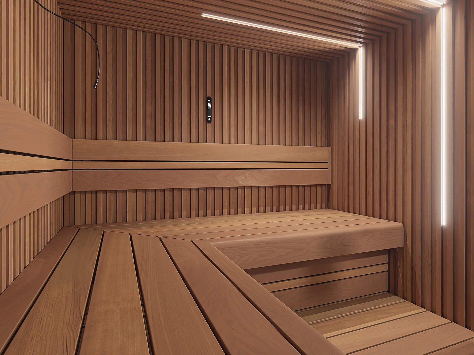 Sauna Raita für Innen, Detailaufnahme der Innenverkleidung und Liegeflächen, Beleuchtungsstreifen über Eck an Wand und Decke, individuelle Ausstattung