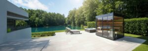 Sauna Kabine im Garten mit Liege und Pool