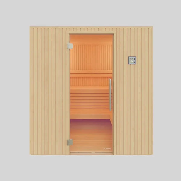 personalisierte Sauna Familia für Zuhause, Aufnahme von vorne, Glastür